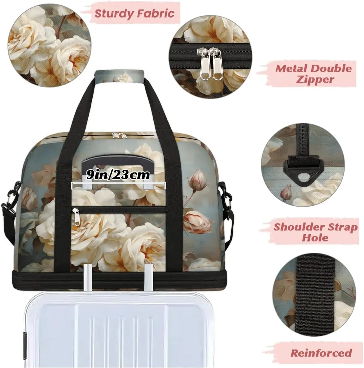 Delicate Flora Print Flower Travel Duffle Bag, Collapsible Travel Bag Sports Gym Bag With Shoes Compartment Weekender Bag Overnight Bag For Women Men