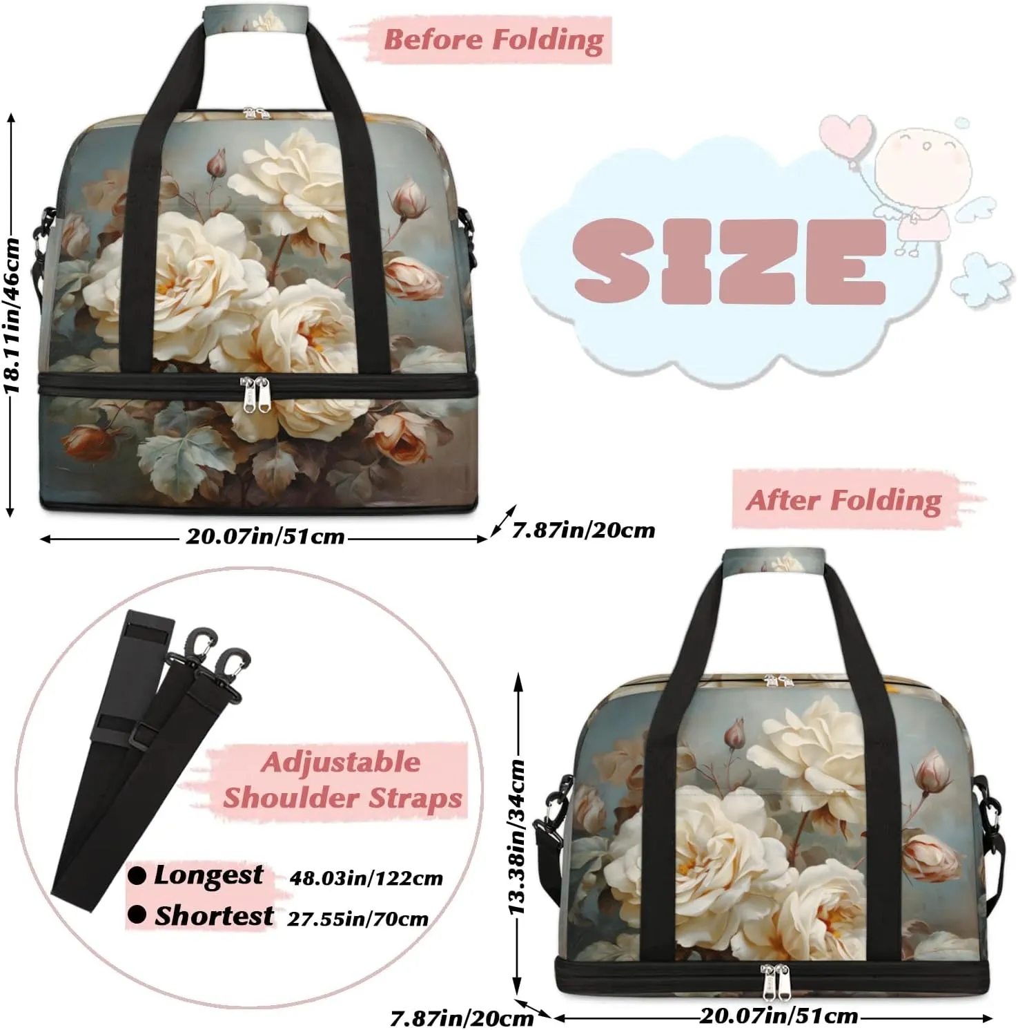 Delicate Flora Print Flower Travel Duffle Bag, Collapsible Travel Bag Sports Gym Bag With Shoes Compartment Weekender Bag Overnight Bag For Women Men