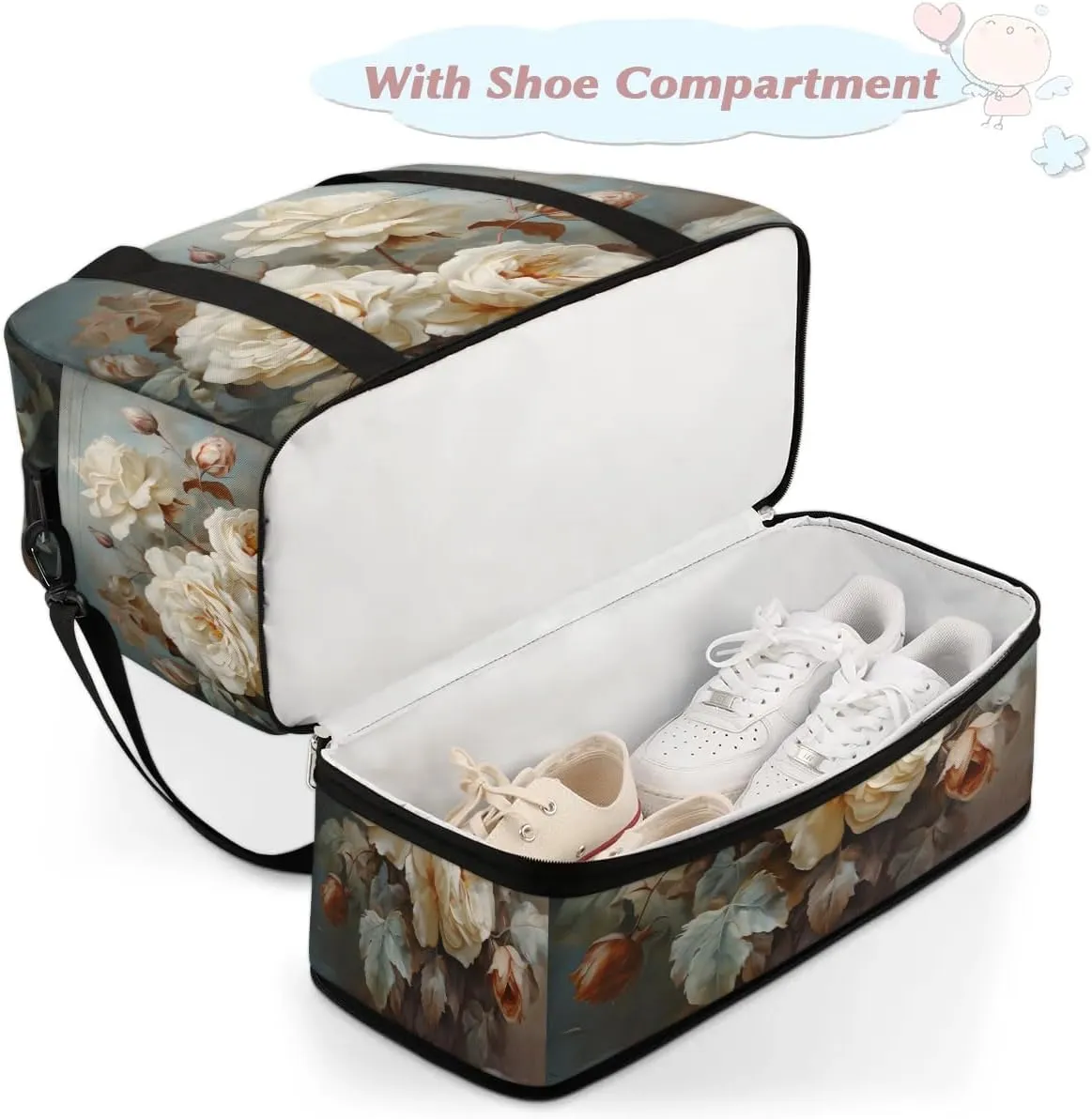 Delicate Flora Print Flower Travel Duffle Bag, Collapsible Travel Bag Sports Gym Bag With Shoes Compartment Weekender Bag Overnight Bag For Women Men