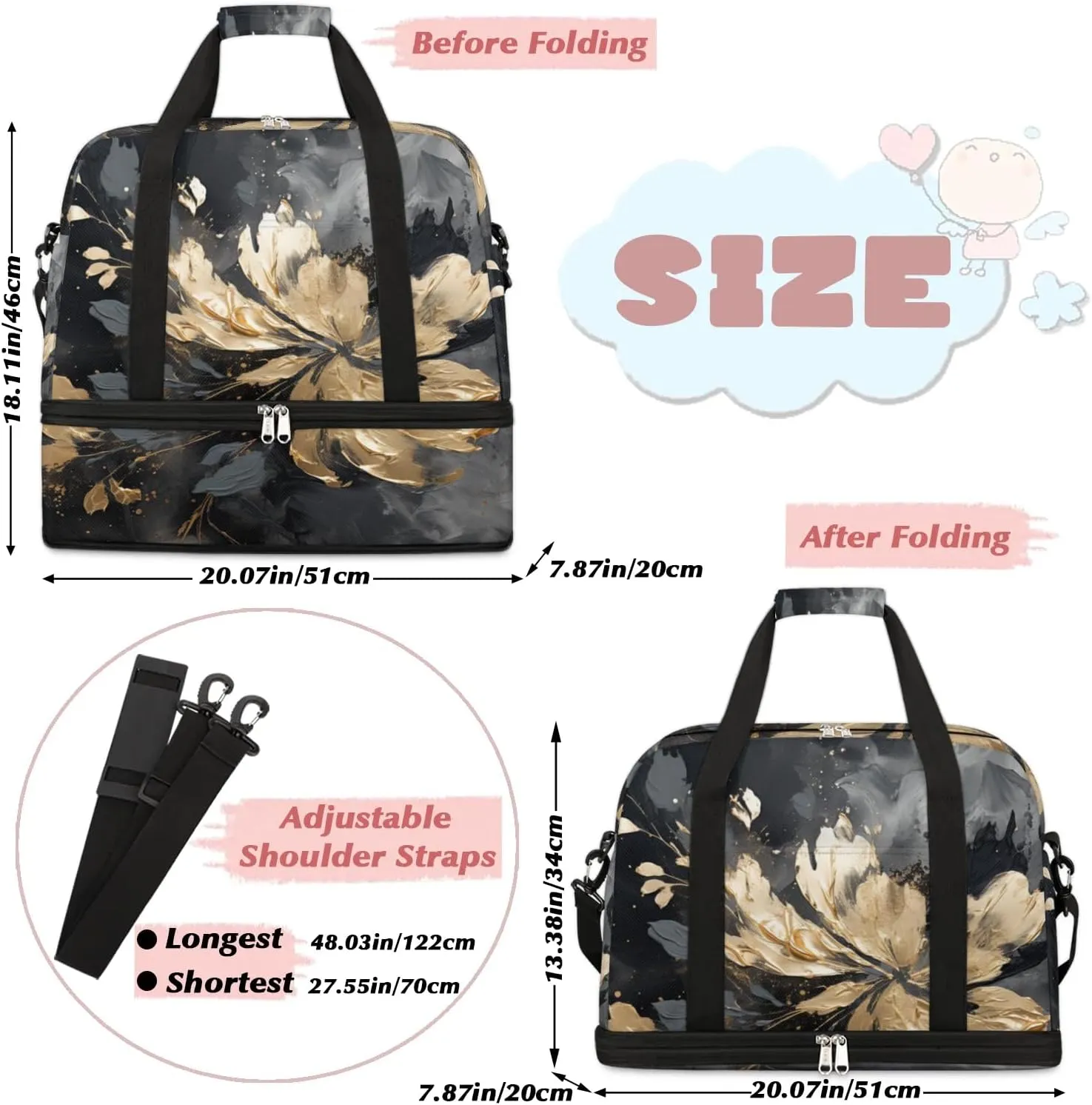 Delicate Flora Print Watercolor Travel Duffle Bag, Collapsible Travel Bag Sports Gym Bag With Shoes Compartment Weekender Bag Overnight Bag For Women Men