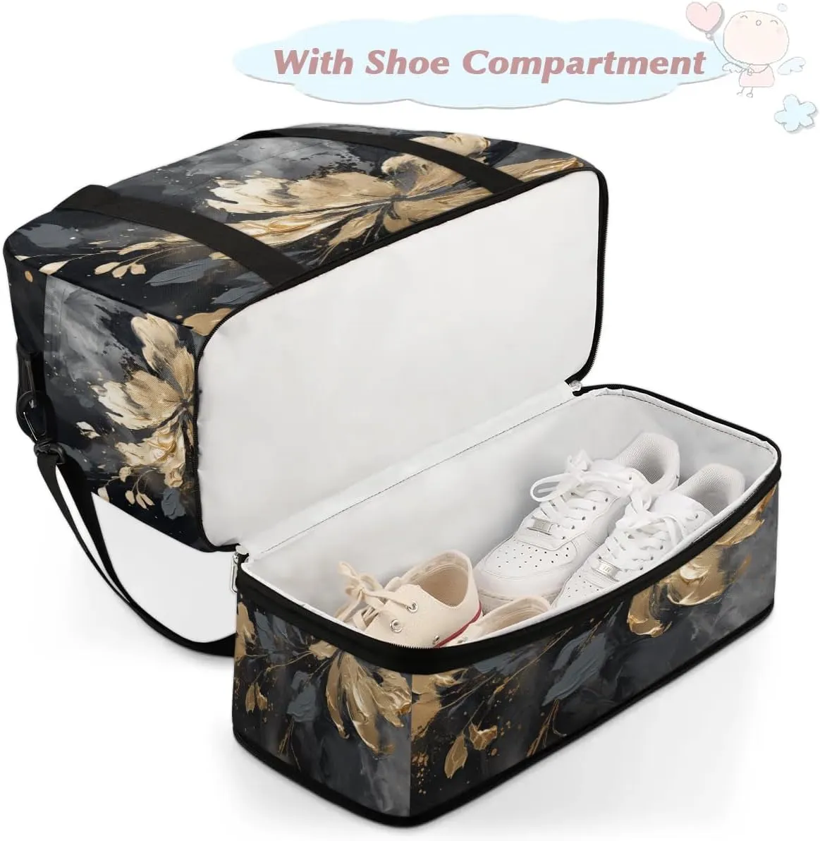 Delicate Flora Print Watercolor Travel Duffle Bag, Collapsible Travel Bag Sports Gym Bag With Shoes Compartment Weekender Bag Overnight Bag For Women Men