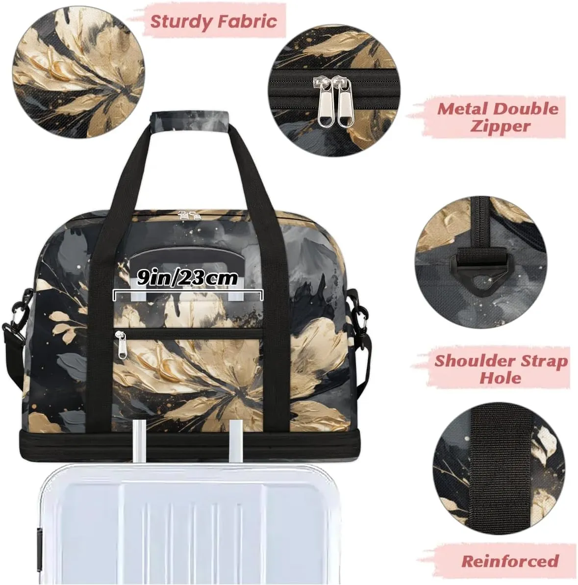 Delicate Flora Print Watercolor Travel Duffle Bag, Collapsible Travel Bag Sports Gym Bag With Shoes Compartment Weekender Bag Overnight Bag For Women Men