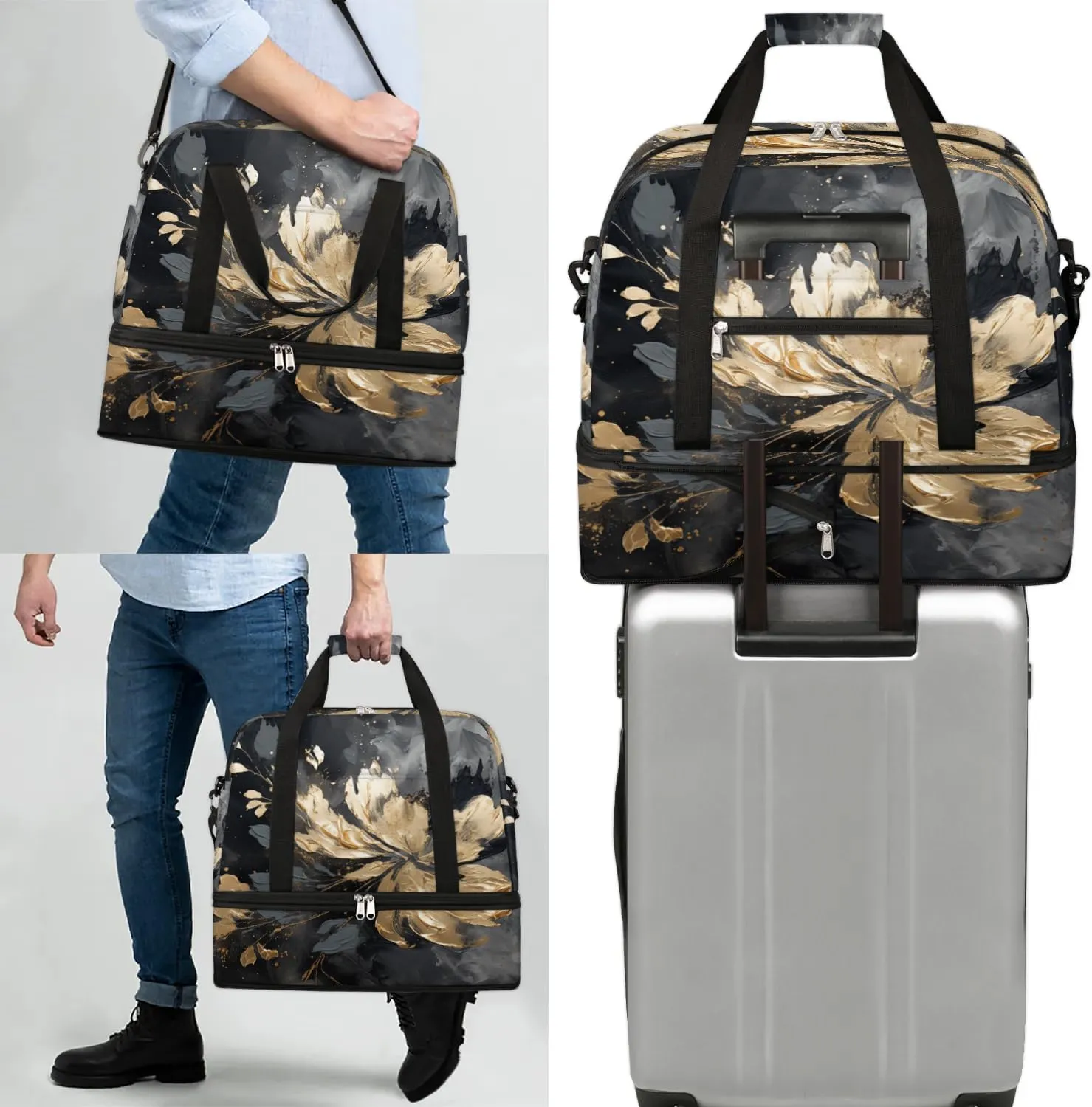 Delicate Flora Print Watercolor Travel Duffle Bag, Collapsible Travel Bag Sports Gym Bag With Shoes Compartment Weekender Bag Overnight Bag For Women Men