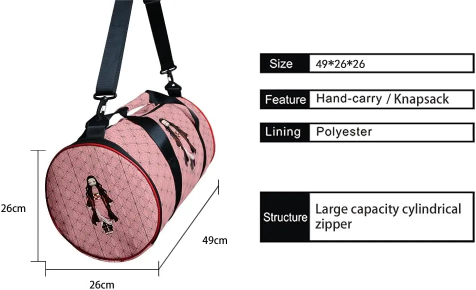 Demon Slay Large Capacity Travel Bag Gym Bag Kemitsu Sport Duffel Bag With Shoe Bag(Nezuko Pink)