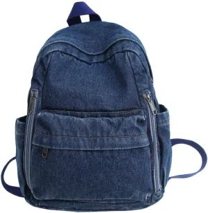Denim Canvas Backpack for Travel and Daily Use Washed Fabric Fashion Shoulder Bag with Large Capacity and Minimalist Design (Dark Blue)