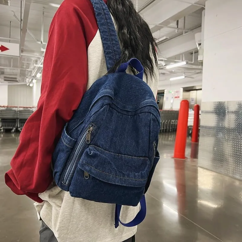 Denim Canvas Backpack for Travel and Daily Use Washed Fabric Fashion Shoulder Bag with Large Capacity and Minimalist Design (Dark Blue)