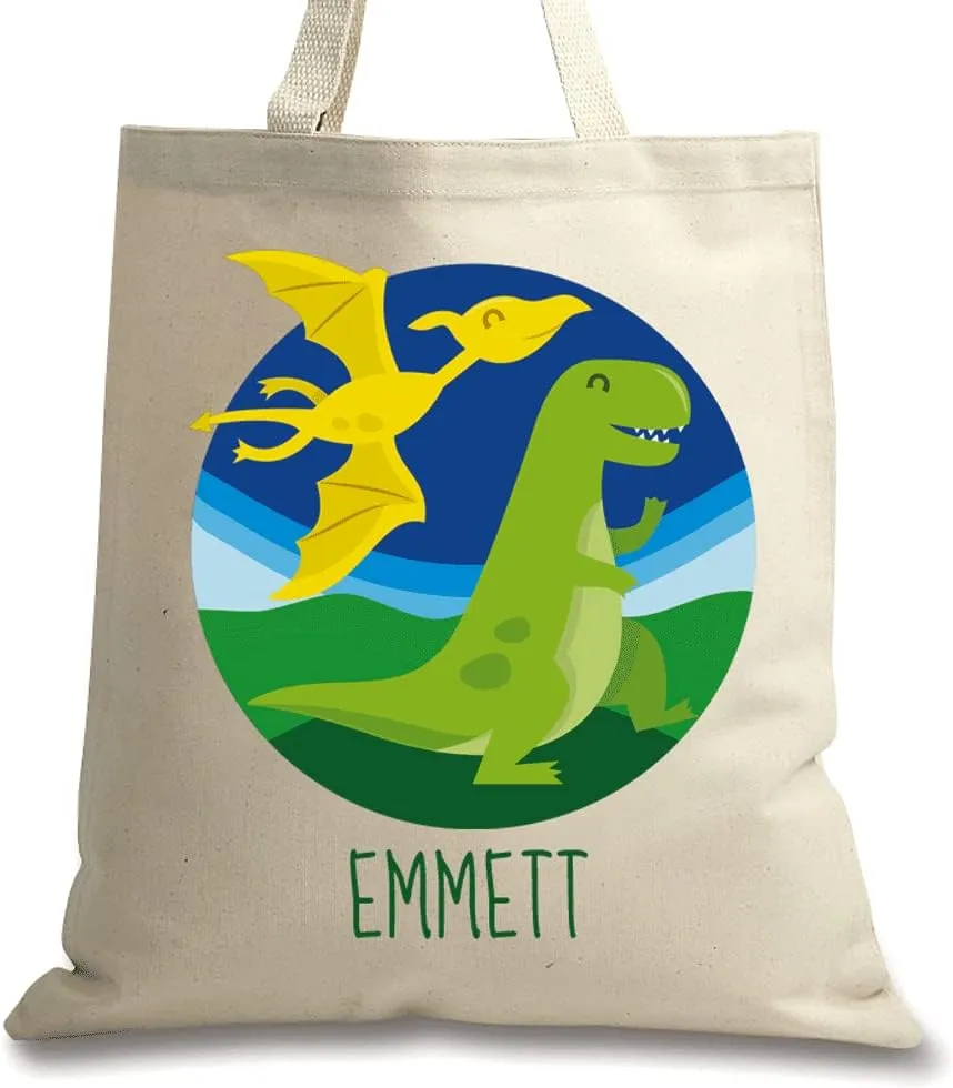Dinosaur Personalized Canvas Tote- 15 X 16 Inch Heavyweight Cotton Canvas Bag, Personalized Print