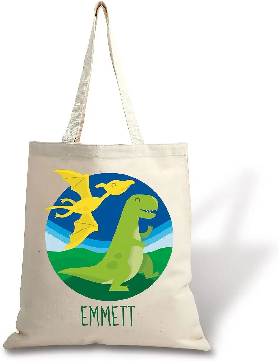 Dinosaur Personalized Canvas Tote- 15 X 16 Inch Heavyweight Cotton Canvas Bag, Personalized Print