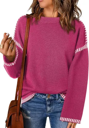 Dokotoo Sweaters for Women Fashion Solid Crewneck Loose Fit Long Sleeve Contrast Cable Knit Pullover Sweater Jumper Tops