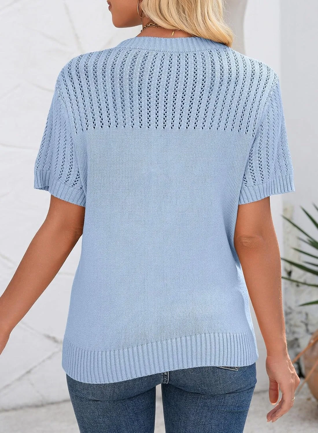 Dokotoo Womens Summer Tops Dressy Casual Crewneck Short Sleeve Shirts Solid Hollow Out Knit Loose Sweater Blouses