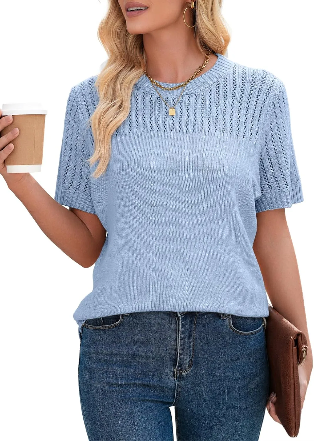 Dokotoo Womens Summer Tops Dressy Casual Crewneck Short Sleeve Shirts Solid Hollow Out Knit Loose Sweater Blouses
