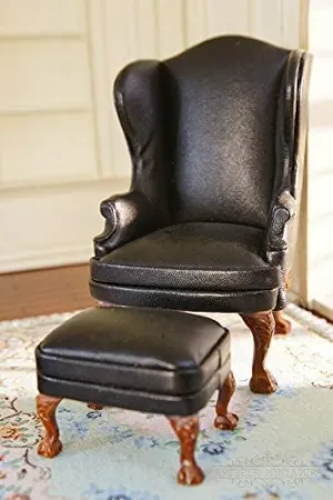 Dollhouse Single Chair & Ottoman 1/12 Scale Black Leather Hand Crafted Excellent Miniature YZ123