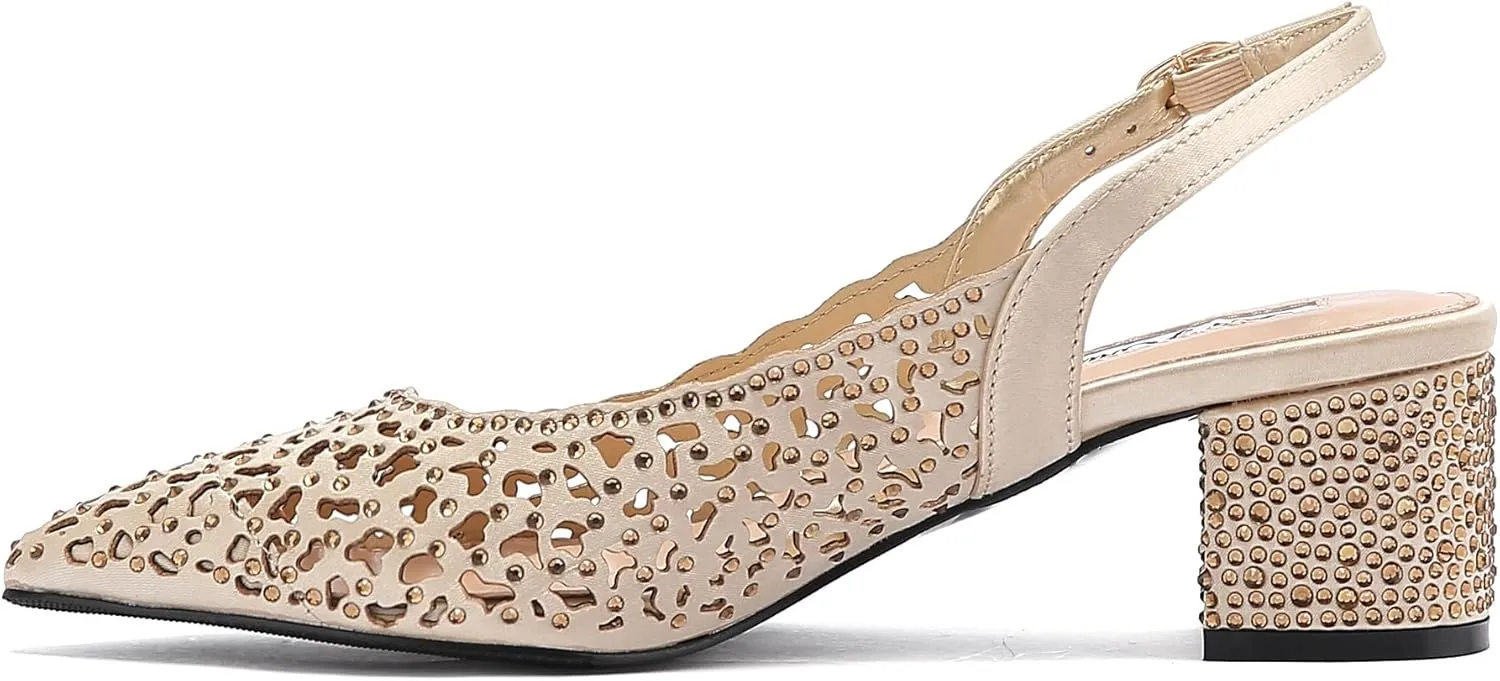 DONNA Rhinestone Satin Block Heel Slingback
