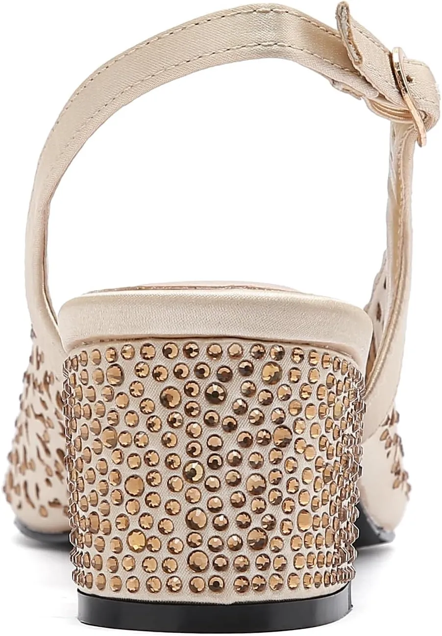 DONNA Rhinestone Satin Block Heel Slingback