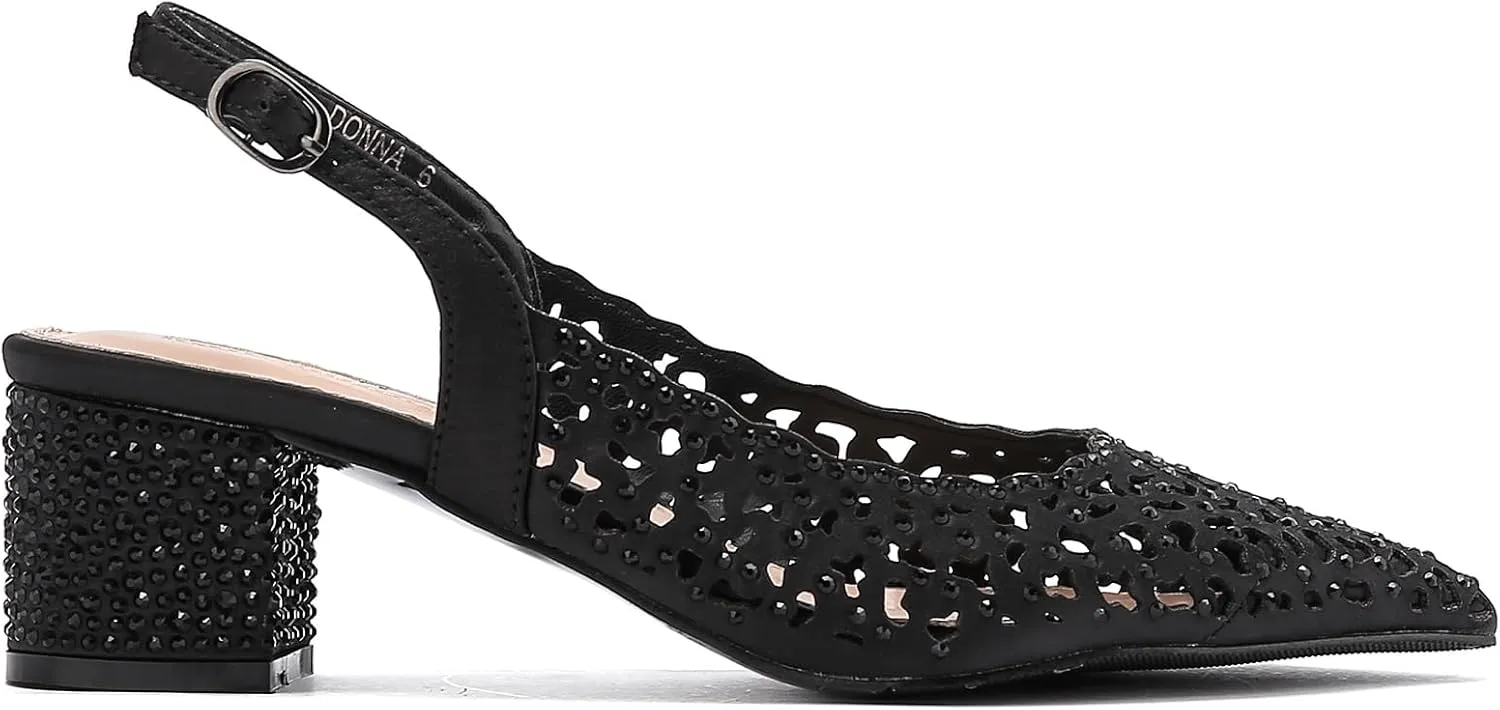 DONNA Rhinestone Satin Block Heel Slingback