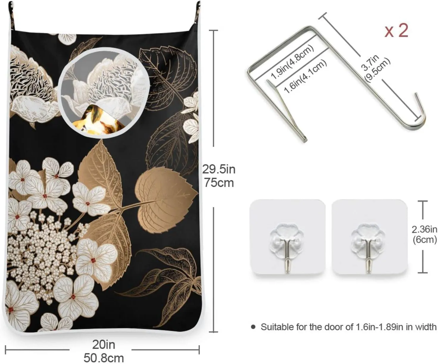Door Hanging Laundry Hamper Bag with Free Adjustable Stainless Steel Hooks Dirty Clothes Hamper Extra Large Over the Door Laundry Hamper 29.5X20inch 1 PCS Black Retro Floral