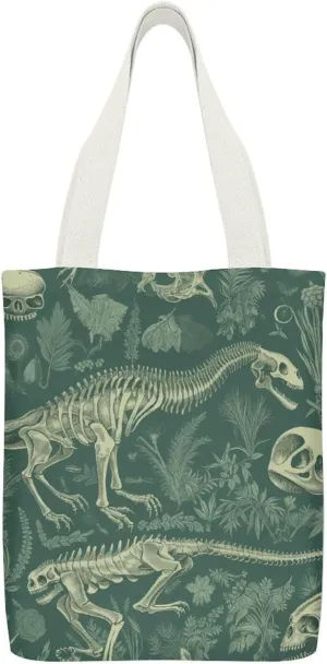 Double-sided Dinosaur Skeleton Printed Canvas Tote Bag, Printed Simple Tote Bag, Shoulder Tote Bag, Canvas Bag with Inner Pocket