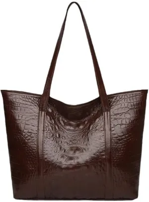 Dreasplendent Handbags For Women's Crocodile texture Women's Shoulder Bag Simple and Versatile Large Capacity Tote Bag(brown)