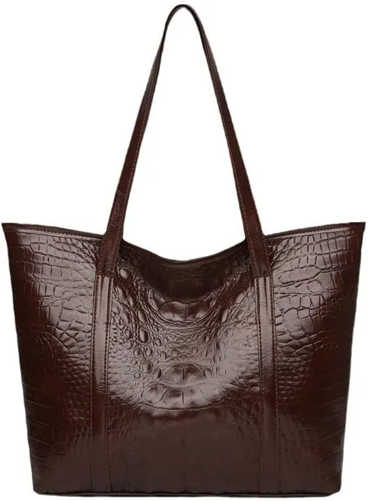 Dreasplendent Handbags For Women's Crocodile texture Women's Shoulder Bag Simple and Versatile Large Capacity Tote Bag(brown)