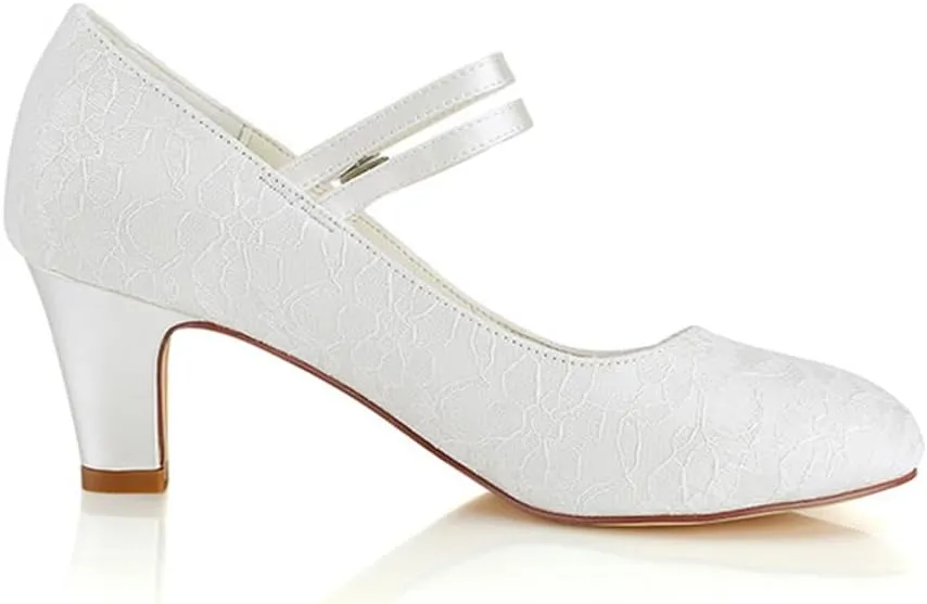 Dress First Wedding Shoes for Bride Lace Satin High Heel Closed Toe Women Pumps Junior Bridesmaid Shoes Vintage Buckle Shoes