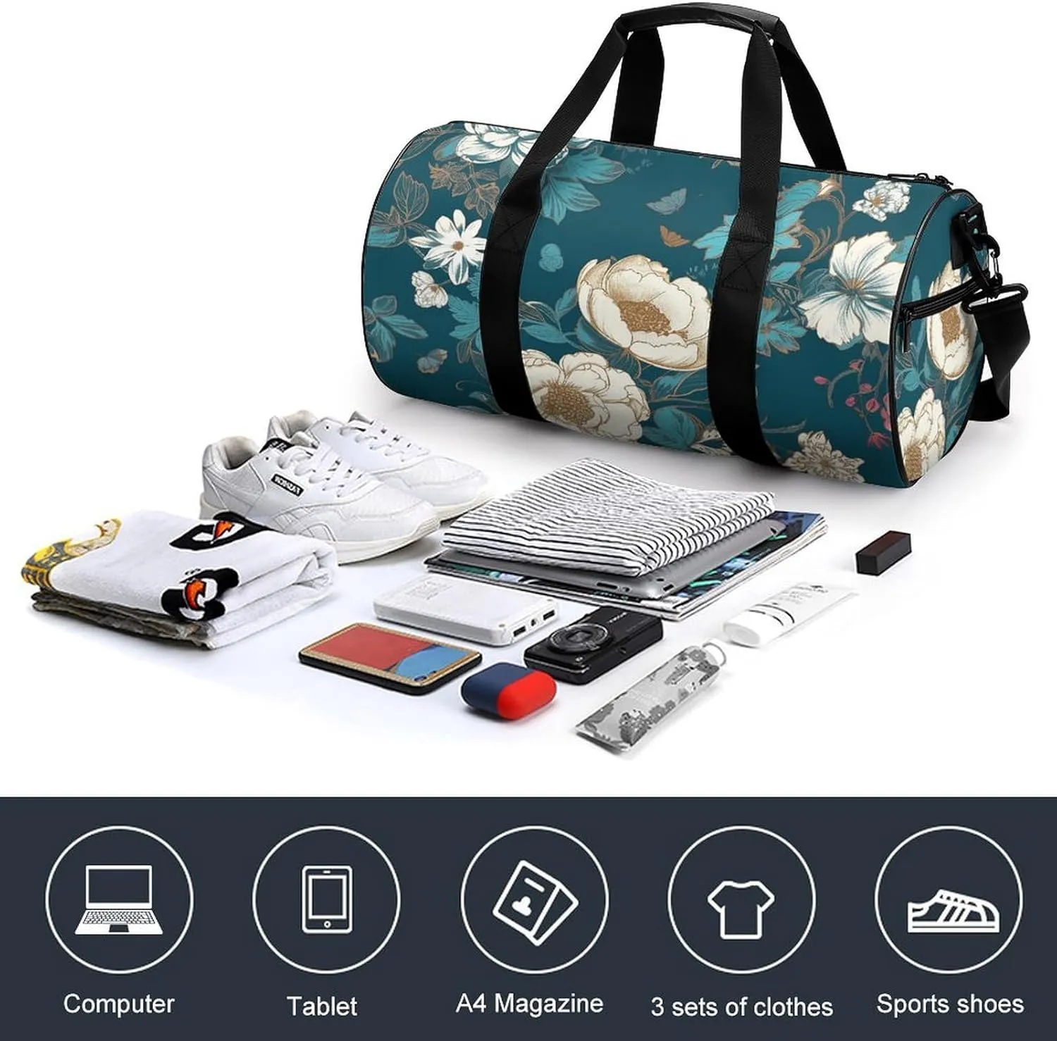 Duffel Bag for Men Women Gym Bag Hand Drawn Flowers Travel Duffel Bag Waterproof Overnight Bag for Sports Workout
