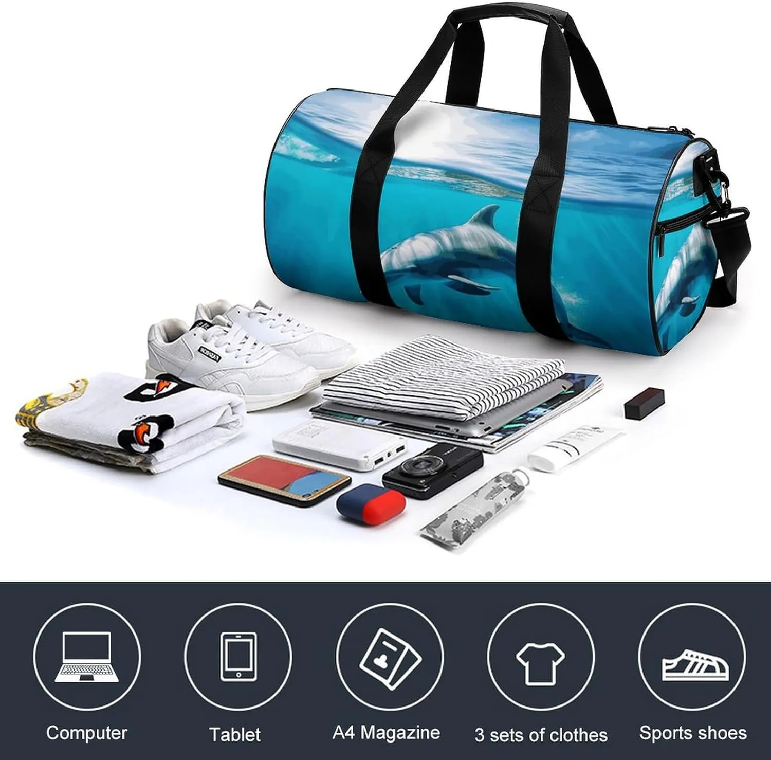 Duffel Bag for Men Women Gym Bag Swimming Dolphin in Blue Sea Travel Duffel Bag Waterproof Overnight Bag for Sports Workout