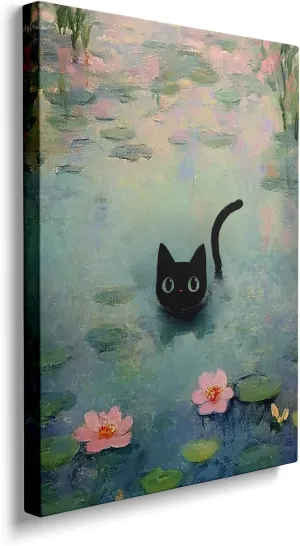 DUFIPOR Monet Black Cat Canvas Wall Art Vintage Funny Animal Water Lily Cute Cat Oil Painting Prints Wall Décor Framed Ready To Hang (16"X24")