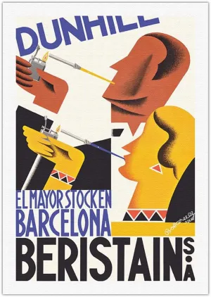 Dunhill Cigarettes - The Largest Stock in Barcelona - Beristain S.A. - Vintage Advertising Poster by Jacint Bofarull c.1932 - Fine Art Rolled Canvas Print 27in x 40in