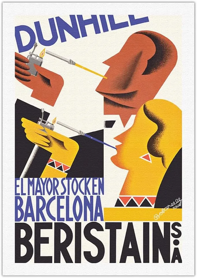 Dunhill Cigarettes - The Largest Stock in Barcelona - Beristain S.A. - Vintage Advertising Poster by Jacint Bofarull c.1932 - Fine Art Rolled Canvas Print 27in x 40in