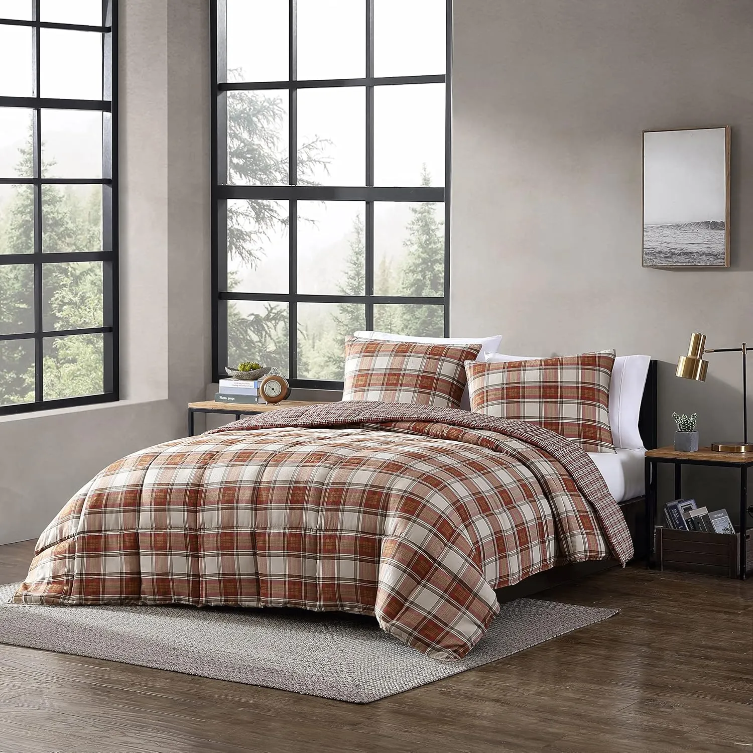 Eddie Bauer - Comforter Set, Reversible Alt Down Bedding with Matching Shams, Breathable Home Decor for All Seasons (Edgewood Red/Beige, Queen)