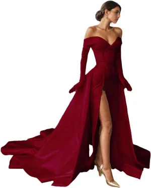 Elegant A-Line Off Shoulder Ivory Satin Wedding Party Gown Perfect Long Sleeve Court Train Formal Evening Gown 2025