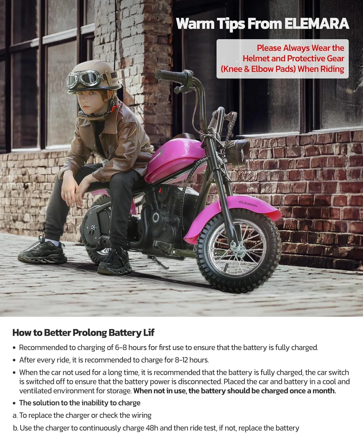 ELEMARA Electric Dirt Bike, 24V Ride on Toy for Big Kids,15 mph & 150lb Max, Kids Motorcycle w/Raised Handlebars, Power Display, Twist-Grip Throttle,Shock Springs, Key Start,Handbrake, 12" Tires-Pink