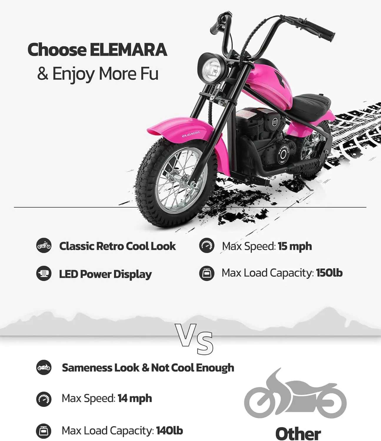 ELEMARA Electric Dirt Bike, 24V Ride on Toy for Big Kids,15 mph & 150lb Max, Kids Motorcycle w/Raised Handlebars, Power Display, Twist-Grip Throttle,Shock Springs, Key Start,Handbrake, 12" Tires-Pink