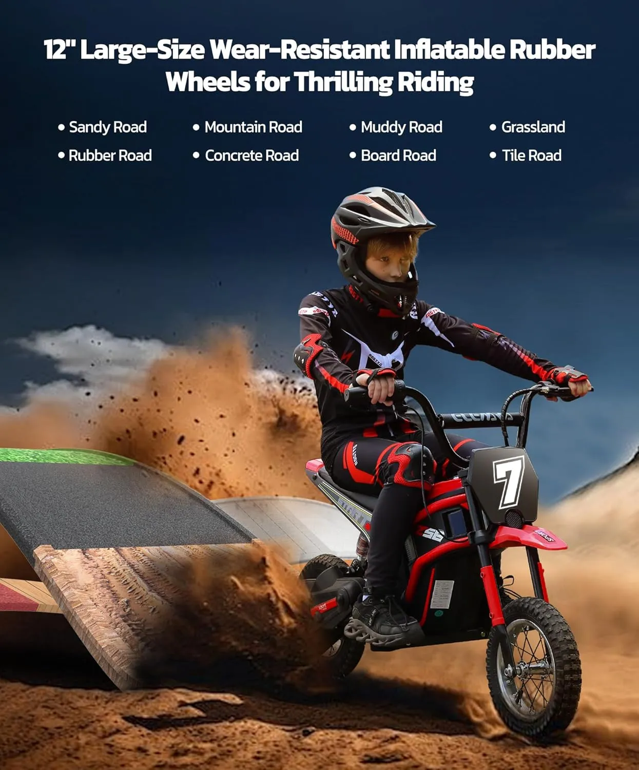 ELEMARA Electric Dirt Bike for Kids,15.5 mph & 150lb Max, 350W Kids Motorcycle with Music & Bluetooth,Chain-Driven Motor, Twist-Grip Throttle & Hand-Operated Rear Brake, 12" Air-Filled Tires-Red