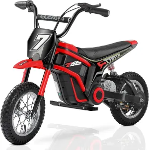 ELEMARA Electric Dirt Bike for Kids,15.5 mph & 150lb Max, 350W Kids Motorcycle with Music & Bluetooth,Chain-Driven Motor, Twist-Grip Throttle & Hand-Operated Rear Brake, 12" Air-Filled Tires-Red