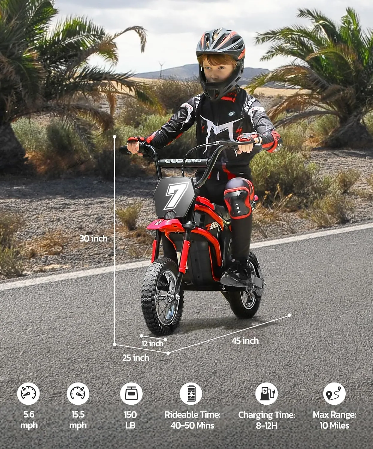 ELEMARA Electric Dirt Bike for Kids,15.5 mph & 150lb Max, 350W Kids Motorcycle with Music & Bluetooth,Chain-Driven Motor, Twist-Grip Throttle & Hand-Operated Rear Brake, 12" Air-Filled Tires-Red