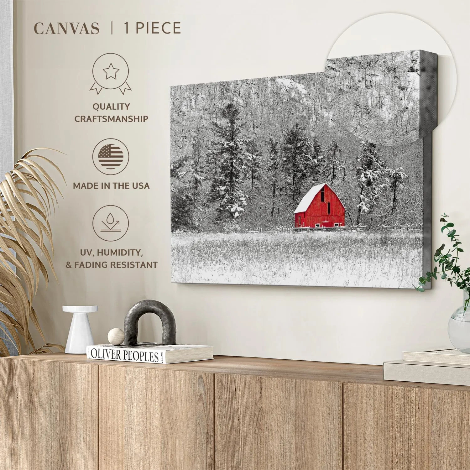 ElephantStock Gatineau Winter Barn Wall Art - Horizontal Wrapped Canvas - 1-Piece Living Room Wall Decor - Barn Photography Canvas Print - Red and Black Decor - 12" X 8"