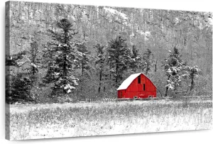 ElephantStock Gatineau Winter Barn Wall Art - Horizontal Wrapped Canvas - 1-Piece Living Room Wall Decor - Barn Photography Canvas Print - Red and Black Decor - 12" X 8"