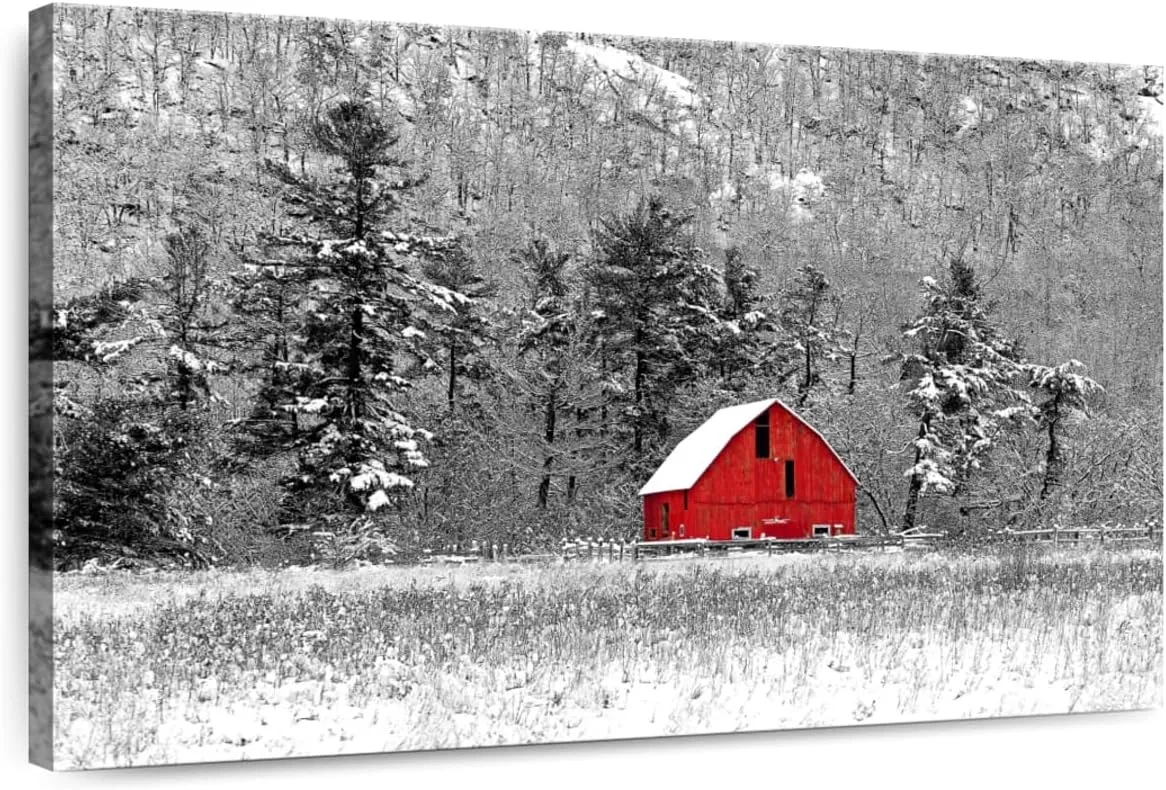 ElephantStock Gatineau Winter Barn Wall Art - Horizontal Wrapped Canvas - 1-Piece Living Room Wall Decor - Barn Photography Canvas Print - Red and Black Decor - 12" X 8"