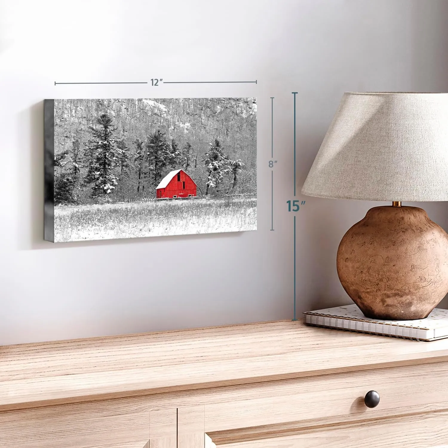 ElephantStock Gatineau Winter Barn Wall Art - Horizontal Wrapped Canvas - 1-Piece Living Room Wall Decor - Barn Photography Canvas Print - Red and Black Decor - 12" X 8"