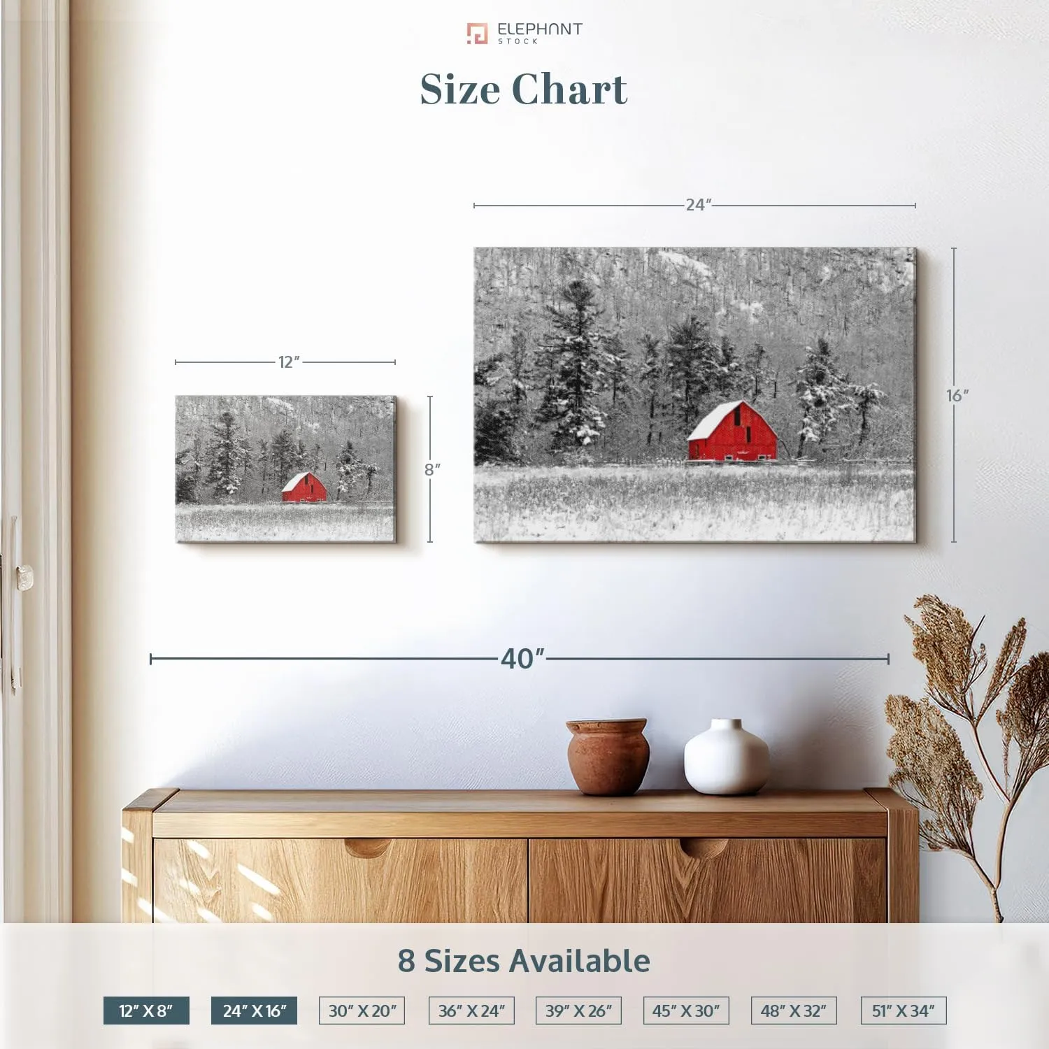 ElephantStock Gatineau Winter Barn Wall Art - Horizontal Wrapped Canvas - 1-Piece Living Room Wall Decor - Barn Photography Canvas Print - Red and Black Decor - 12" X 8"
