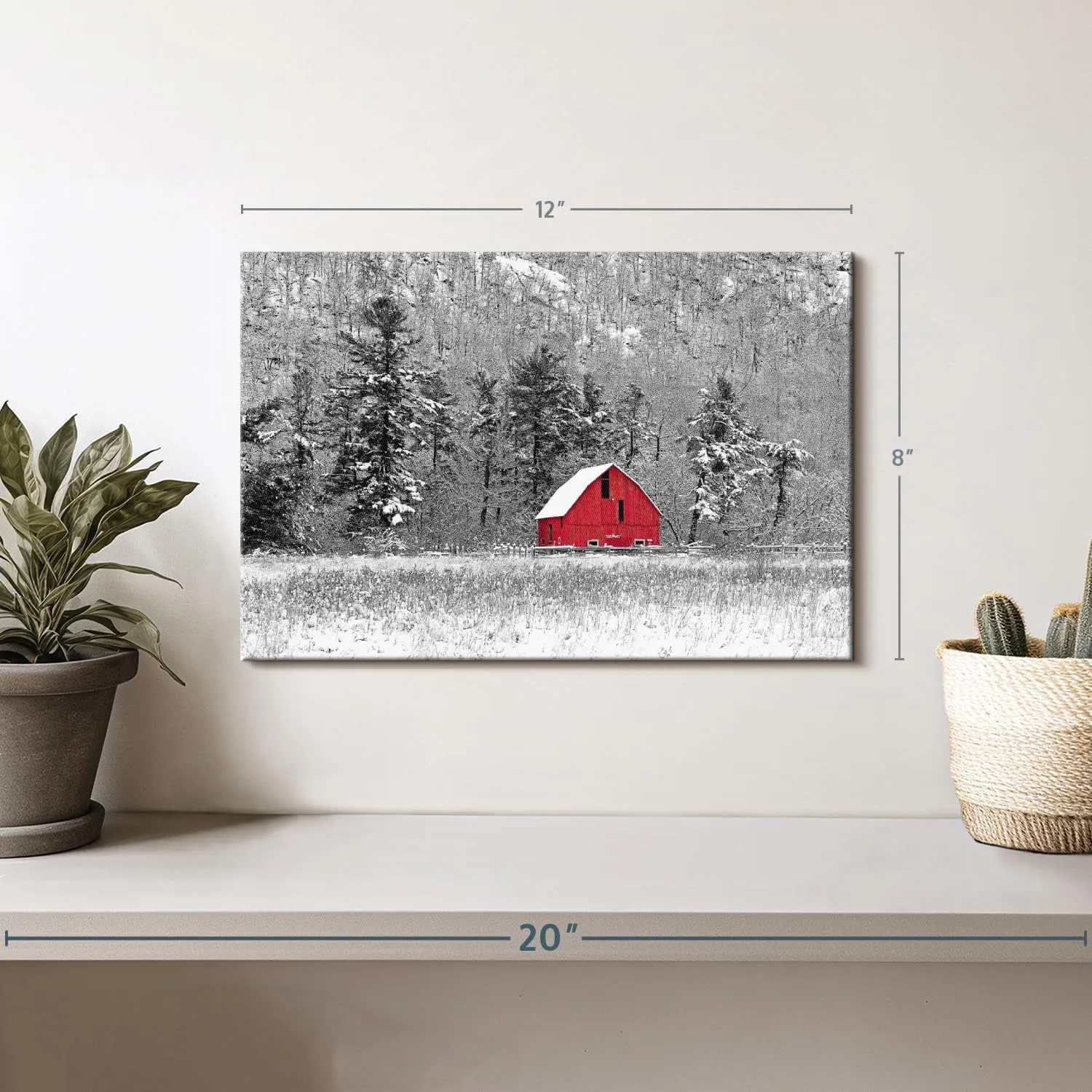 ElephantStock Gatineau Winter Barn Wall Art - Horizontal Wrapped Canvas - 1-Piece Living Room Wall Decor - Barn Photography Canvas Print - Red and Black Decor - 12" X 8"