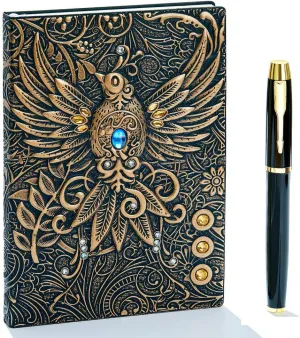 Embossed Leather Journal Writing Notebook - Antique Handmade Leather Daily Notepad Sketchbook, Travel Diary & Notebooks to Write in, Phoenix Gift For Men & Women, with Golden Classic Pen, (Bronze)