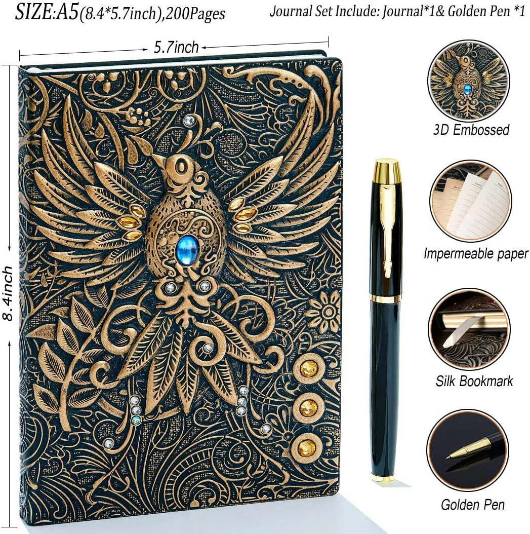 Embossed Leather Journal Writing Notebook - Antique Handmade Leather Daily Notepad Sketchbook, Travel Diary & Notebooks to Write in, Phoenix Gift For Men & Women, with Golden Classic Pen, (Bronze)