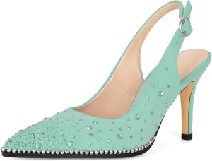 Esvowido Womens Slingback Heels Pointed Closed Toe Pumps Ankle Strap Suede Rhinestone Sparkly Stiletto High Heels for Wedding Office Dinner Party Prom