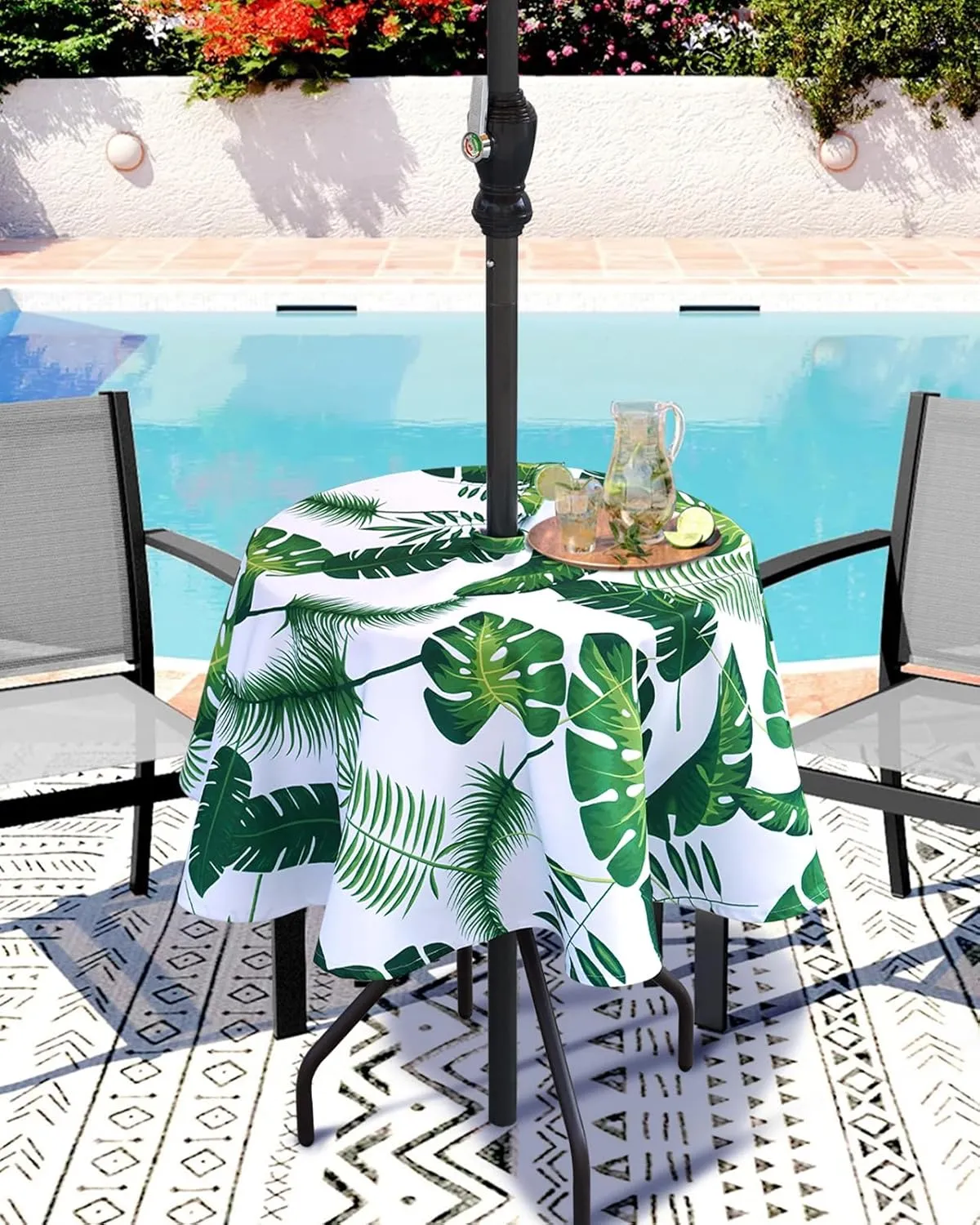 Eternal Beauty 60” Outdoor Round Tablecloth with Umbrella Hole Zipper Spring Summer Round Outdoor Tablecloth for Patio Tables (Tropical Leaf)