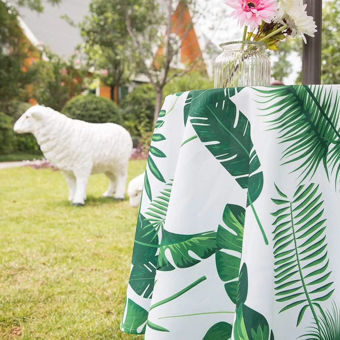 Eternal Beauty 60” Outdoor Round Tablecloth with Umbrella Hole Zipper Spring Summer Round Outdoor Tablecloth for Patio Tables (Tropical Leaf)