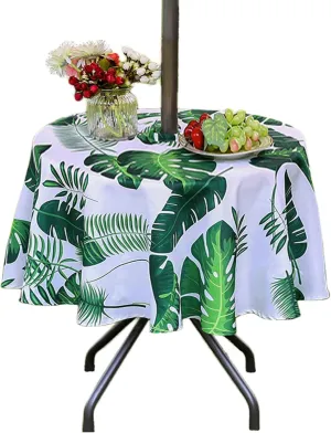 Eternal Beauty 60” Outdoor Round Tablecloth with Umbrella Hole Zipper Spring Summer Round Outdoor Tablecloth for Patio Tables (Tropical Leaf)