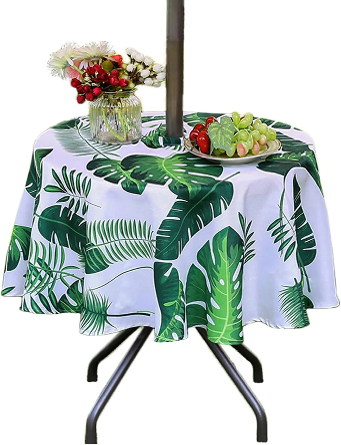 Eternal Beauty 60” Outdoor Round Tablecloth with Umbrella Hole Zipper Spring Summer Round Outdoor Tablecloth for Patio Tables (Tropical Leaf)