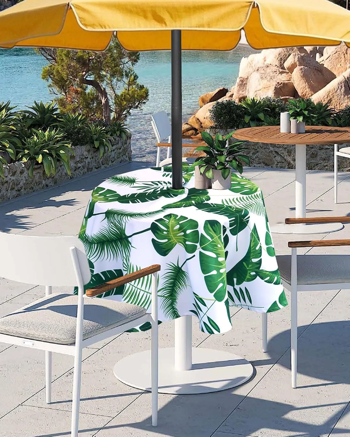 Eternal Beauty 60” Outdoor Round Tablecloth with Umbrella Hole Zipper Spring Summer Round Outdoor Tablecloth for Patio Tables (Tropical Leaf)